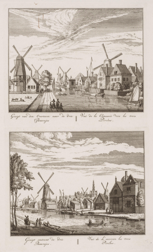 Zwei Windmühlen in den Niederlanden mit Häusern, Bäumen, Menschen und Booten im Vordergrund und einem bewölkten Himmel im Hintergrund; Text unten auf dem Bild.