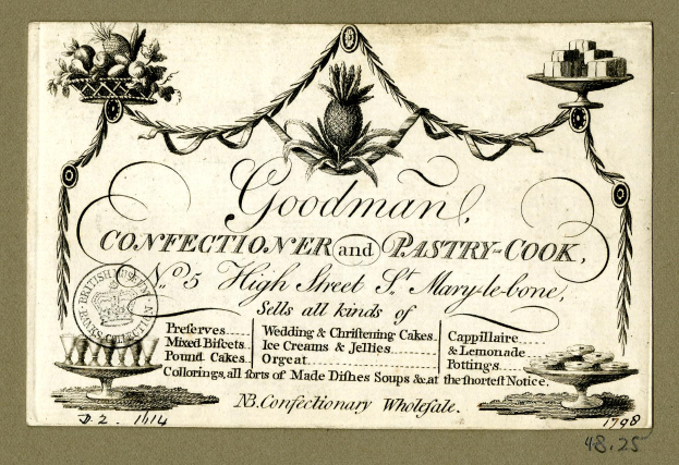 Eine alte Werbung für Goodman's Confiserie und Bäckerei, die verschiedene Lebensmittel auf Ständern zeigt.