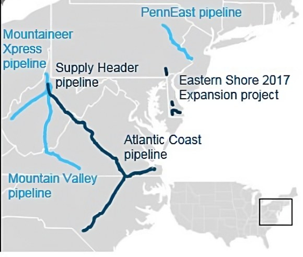 Detailierte Karte des 2017er Ostküsten-Pipeline-Ausbauprojekts, die die Pipeline-Route, Städte, Ortschaften und Gewässer entlang des Weges zeigt.