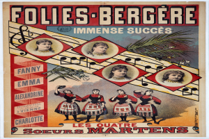 Ein farbenfrohes Konzertplakat für Folies-Bergère und Immense Succès, das Bilder von verschiedenen Menschen und mutigen Texten zeigt, die auf kunstvollen Entwürfen Platz finden.