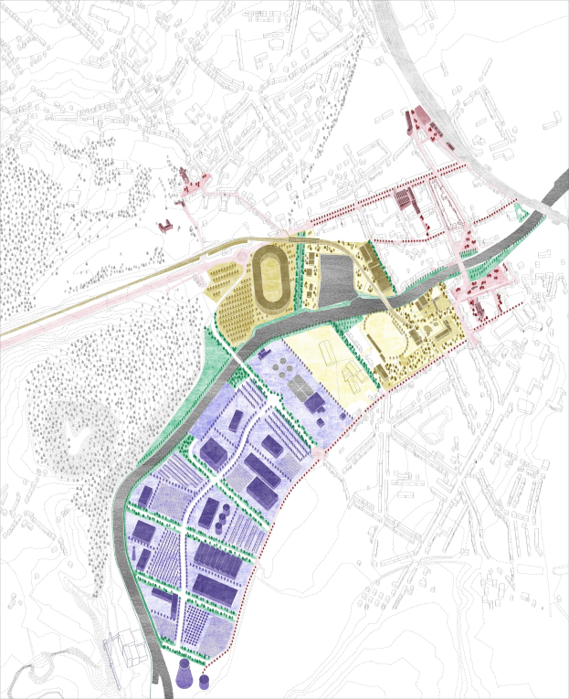 Vorgeschlagener Lageplan für die neue Stadt London, eine farbcodierte Karte mit verschiedenen Stadtbereichen und Text oben und unten.