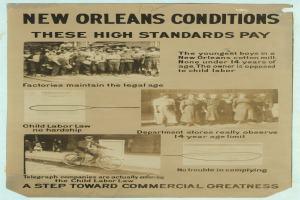 Plakat mit der Überschrift "New Orleans Bedingungen: Diese hohen Standards zahlen sich aus" mit Bildern von Menschen, darunter einer, der ein Fahrrad fährt.