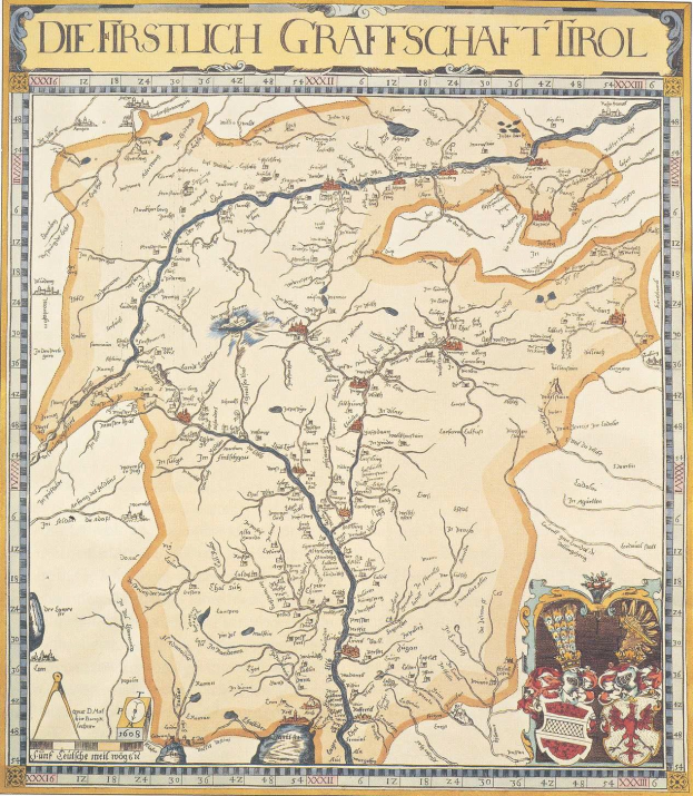 Ein detailliertes historisches Plakat der ersten Grafschaft Tirol-Karte, das geografische Merkmale wie Flüsse, Berge und Städte zeigt, mit begleitendem Text über die Region.