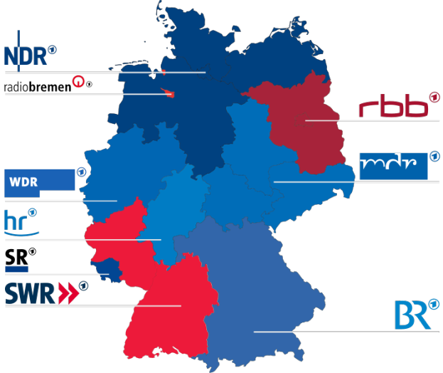 Eine Landkarte von Deutschland mit in Rot und Blau hervorgehobenen Bundesl├Ąndern, die die Ergebnisse der Wahl von 2016 zeigt, einschließlich der Namen der Kandidaten und des Wahltermins.