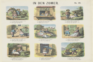 Ein Blatt mit Kindern in bunten Kleidern, die in einem üppigen Garten spielen, mit Text in einer verspielt aussehenden Schrift.