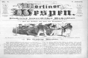 Eine alte deutsche Zeitung namens "Berliner Wespen" vom 21. Februar 1873 mit einem Foto einer Gruppe von Menschen in traditioneller deutscher Kleidung in einem Gespräch.