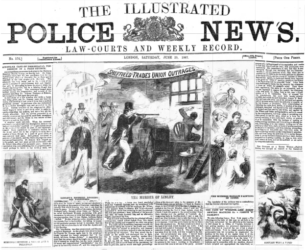 Schwarze und weiße Titelseite der Illustrirten Polizeizeitung von 1867 mit einer zentralen Illustration einer Personengruppe und dem Text "Polizeizeitung" mit einem Logo oben.