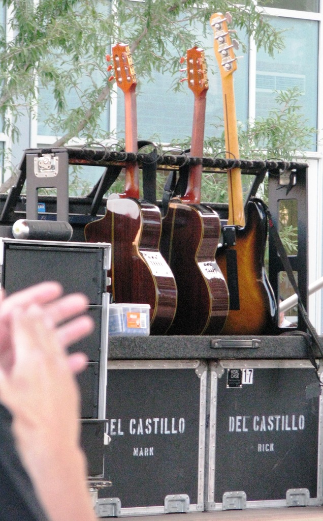 Gitarren werden über Kisten angezeigt, mit einem Behälter neben einer Gitarre, einem Baum und einem Gebäude mit Glastüren im Hintergrund.