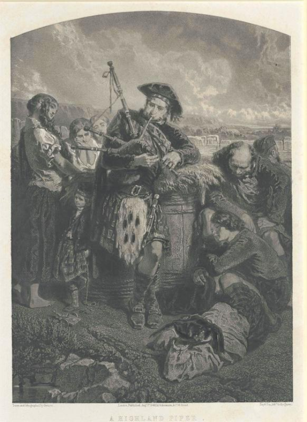 Schwarze und weiße Gravur eines Mannes, der eine Dudelsackpfeife vor einer Gruppe von Menschen unter einem bewölkten Himmel spielt, mit dem Text "Ein Highland Pipe" unten.