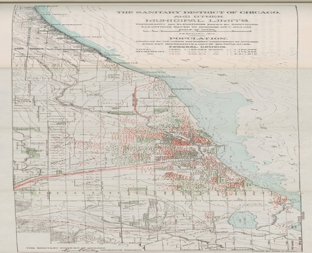 Schwarz-weiß-Karte des Sanitätsbezirks von Chicago mit beschrifteten Gemeindegrenzen.