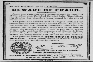 Ein schwarzes und weißes Plakat mit einer Betrugswarnung, das den Text 'Carlsbad Spruud Salt' und ein Firmenlogo enthält.