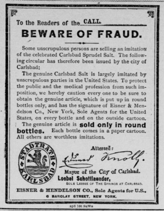 Ein schwarzes und weißes Plakat mit einer Betrugswarnung, das den Text 'Carlsbad Spruud Salt' und ein Firmenlogo enthält.