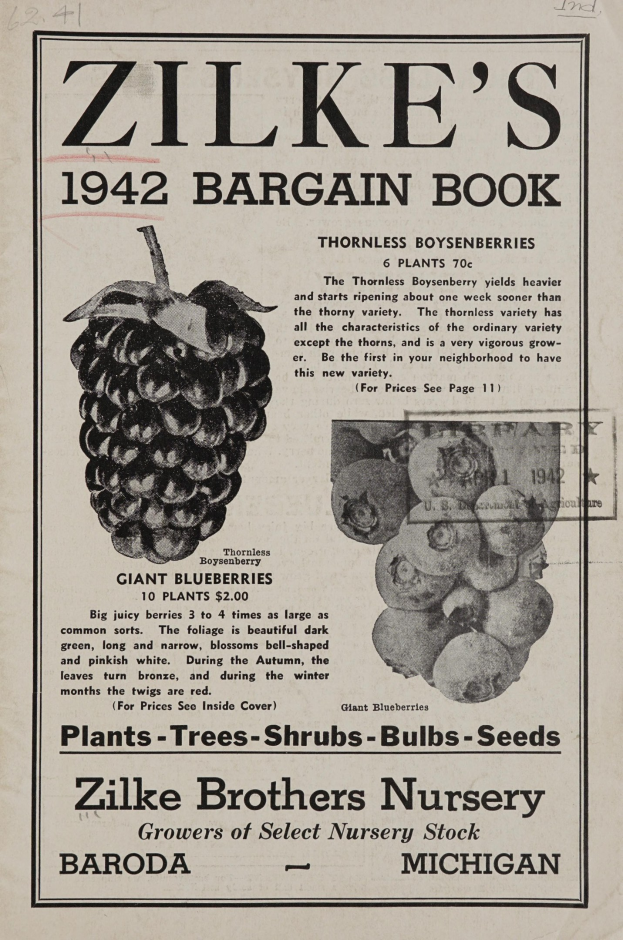 Papier mit einer Illustration von tiefvioletten, reifen Trauben und fettem schwarzem Text, der "Zilke's 1942 Bargain Book" gegen einen violetten Hintergrund liest.