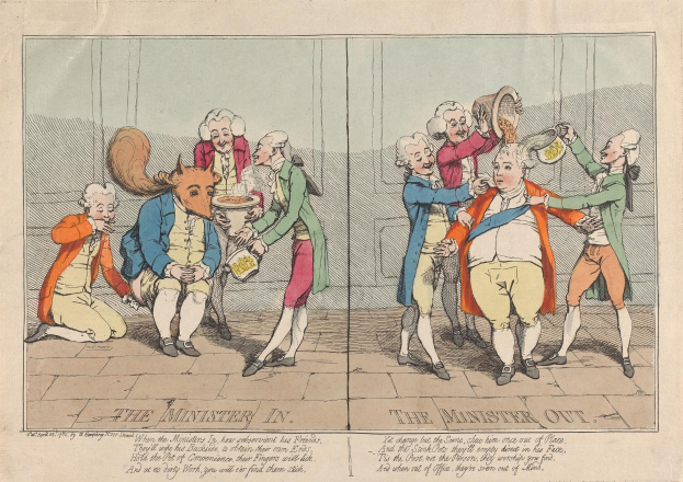 Cartoon drawing of a group of people in various colored dresses, some holding objects, with text at the bottom reading "The Minister in the Minister Out".