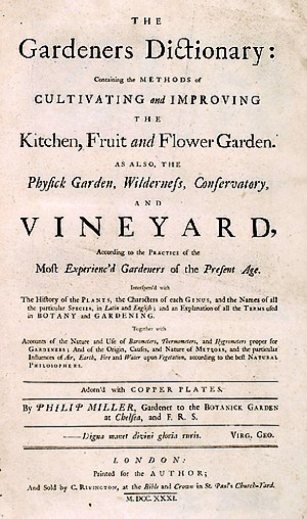 Ein Blatt Papier mit dem Text "Der Gärtners Lexikon: Kultivieren und Verbessern des Küchengartens, Obst- und Blumengartens" darauf.