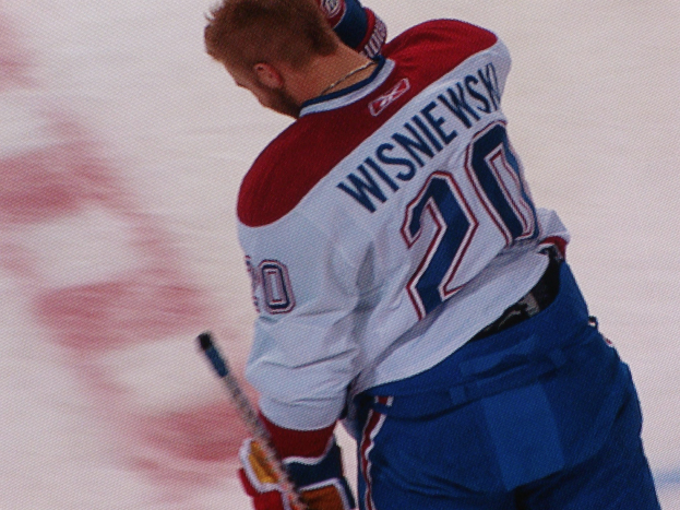 Professioneller Eishockeyspieler in einem "Wisniewski"-Trikot auf dem Eis mit einem Hockey-Schläger in der Hand und konzentrierter Miene.