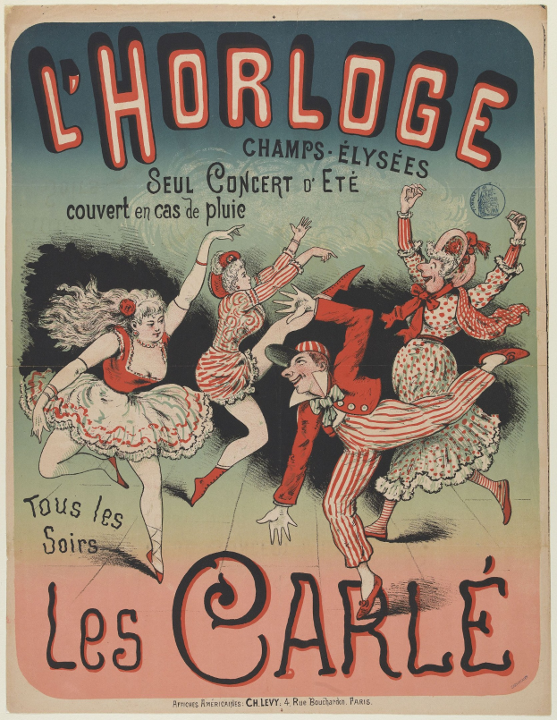 Plakat für ein Konzert im Chorlage in Paris mit einer Gruppe von Menschen, die in bunten Kostümen tanzen und strahlend gegen einen gelben Hintergrund lächeln.