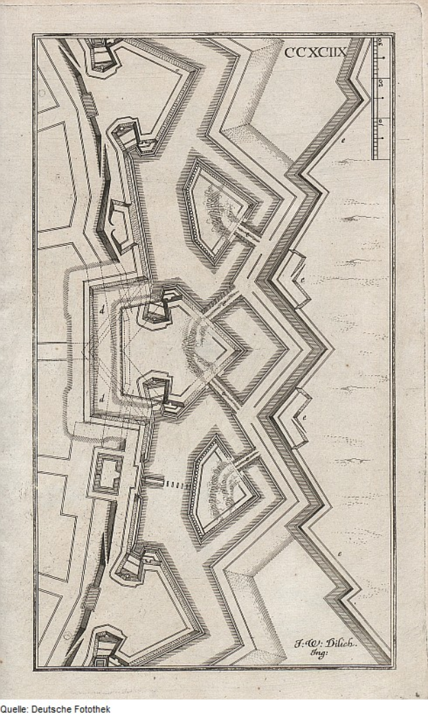 Ein Blatt Papier mit einer Stadtplan-Zeichnung und zahlreichen Gebäuden sowie begleitendem Text.