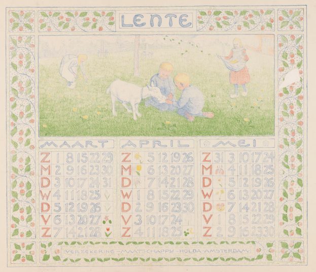 Ein Kalenderbild mit Kindern, die mit einer Ziege in einer grünen Wiese spielen, mit sichtbarem Text und Zahlen.