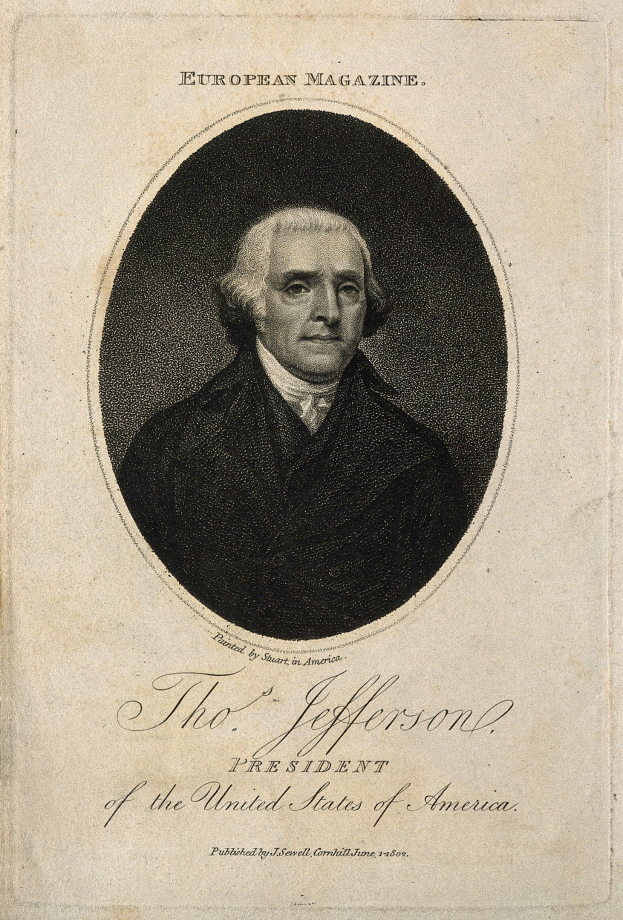 Portrait von Thomas Jefferson, Präsident der Vereinigten Staaten, auf dem Cover des European Magazine, in Schwarzanzug und weißem Hemd mit ernster Miene und zurückgekämmten Haaren.