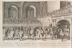 Eine Zeichnung einer Gruppe von Menschen, einige zu Pferd, vor einer Menge mit einem Gebäude im Hintergrund, mit Text darunter, der "Die Art und Weise, wie die Champions die Herausforderung durchführen" lautet.