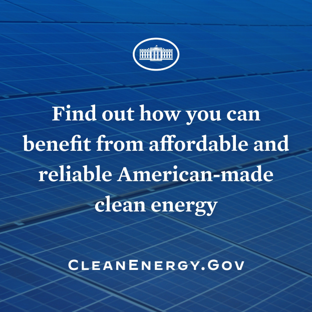 Plakat mit einem blauen Kreis-Logo, das einen weißen Stern und weißen Text enthält, der "Finden Sie heraus, wie Sie von erschwinglicher und zuverlässiger amerikanischer Made Clean Energy profitieren können", und einen hellblauen Hintergrund.