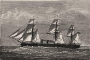 Eine Schwarzweiß-Radierung eines Segelschiffs, das auf dem Meer segelt, mit dem Text unten: "HMS Victory, das erste Schiff, das in den Vereinigten Staaten segelte."