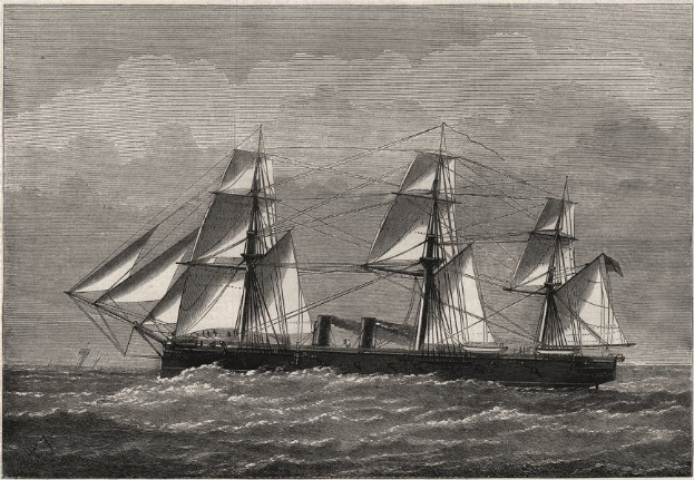 Eine Schwarzweiß-Radierung eines Segelschiffs, das auf dem Meer segelt, mit dem Text unten: "HMS Victory, das erste Schiff, das in den Vereinigten Staaten segelte."
