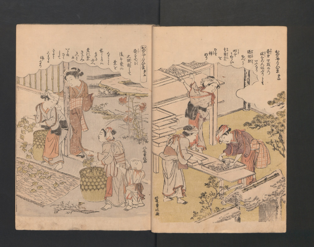 Ein traditionelles japanisches Ukiyo-e-Druck aus der Serie 'Fifty-Three Stations of the Tokaido', das eine GartenSzene mit Menschen in Kimonos zeigt, die Aktivitäten wie Schach betreiben, umgeben von üppiger Vegetation und einem hellblauen Himmel.