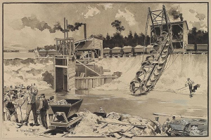 Ein Schwarz-Weiß-Zeichnung einer Gruppe von Menschen, die auf einer Baustelle arbeiten, mit einem Kran im Hintergrund, Bäumen und einem bewölkten Himmel, mit Text unten, der '1890-1891 Kohlebergwerk in New South Wales' lautet.