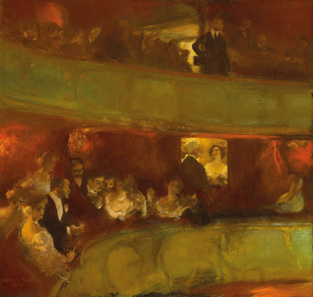 Schwarzes und weißes Foto des Theatersaals des Theatre Royal in London, das eine Bühne mit einem Vorhang, Geländern und verzierten Wanddesigns zeigt, mit ein paar sitzenden Menschen und Text unten.