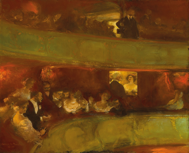 Schwarzes und weißes Foto des Theatersaals des Theatre Royal in London, das eine Bühne mit einem Vorhang, Geländern und verzierten Wanddesigns zeigt, mit ein paar sitzenden Menschen und Text unten.