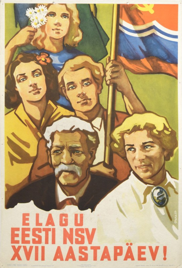 Sowjetisches Propagandaplakat mit einer Gruppe von Menschen, die eine Fahne halten, die Einheit oder eine bestimmte Sache symbolisiert.