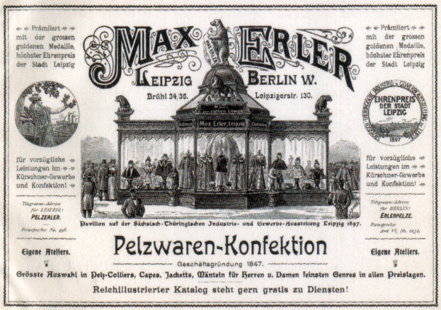 Eine Werbung aus der Vergangenheit für Max Erler Leipzig in Berlin, Deutschland, die eine Gruppe von Menschen vor einem Gebäude zeigt, mit Text, der wahrscheinlich ein Ereignis ankündigt.