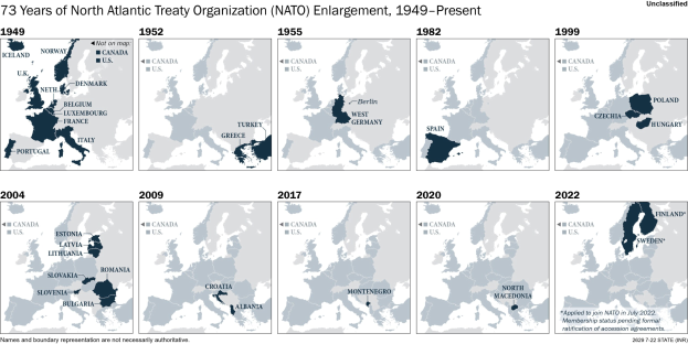 Karte, die die ├ťbernahme von NATO von 1949 bis heute zeigt, mit farblich kodierten Regionen nach Jahrgang und einem Titel mit weiteren Informationen.