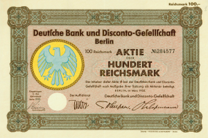 Ein altes deutsches Banknoten mit einer Vogeldarstellung und der Aufschrift "Deutsche Bank und Disconto-Gefellichaft Berlin".