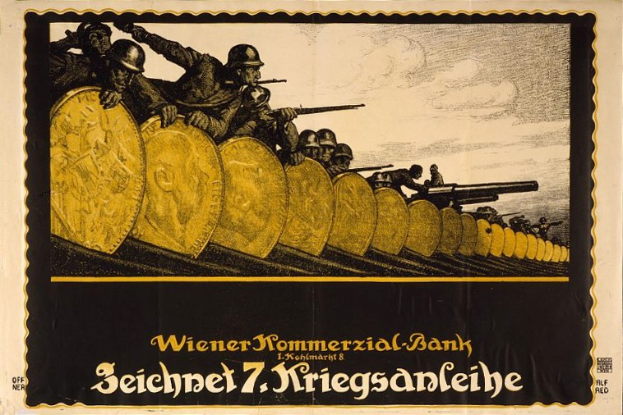 Deutscher Propagandaplakat aus dem Zweiten Weltkrieg, das bewaffnete Soldaten in Helmen mit dem Text "Wiener Kommmerzial Bank" unten zeigt.