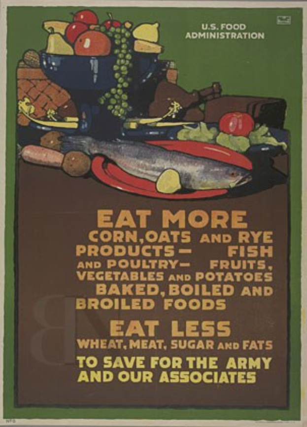 Plakat mit Bildern von Obst, Gemüse und einem Fisch mit dem Text "Essen Sie mehr Mais, Hafer und Roggenprodukte", um gesunde Lebensmittel für die Armee und Verbündete zu fördern.