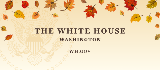 Ein Plakat mit der Schrift "Das Weiße Haus Washington" in fetter schwarzer Schrift, das ein Logo des Weißen Hauses zeigt, umgeben von Herbstblättern in Rot-, Orange- und Gelbtönen.