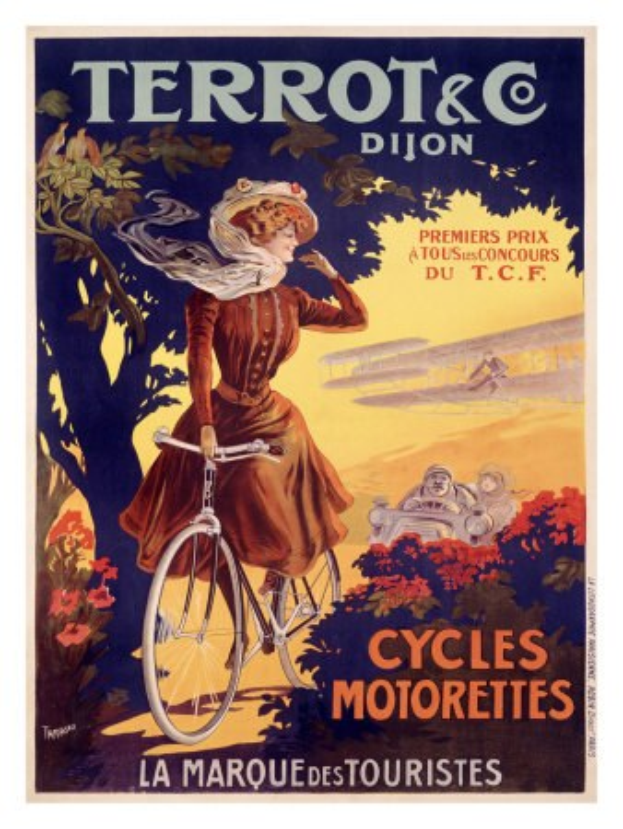 Ein Plakat, das eine Radtour in Frankreich ankündigt und eine Frau zeigt, die ein Fahrrad unter Bäumen, Blumen und anderen Menschen fährt, mit Text, der die Tour beschreibt.