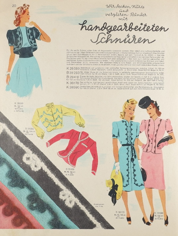 Anzeige für ein Modejournal der 1950er Jahre, das eine Frau in einem Kleid und Hut zeigt, mit Bildern von Frauen und Text auf dem Papier.