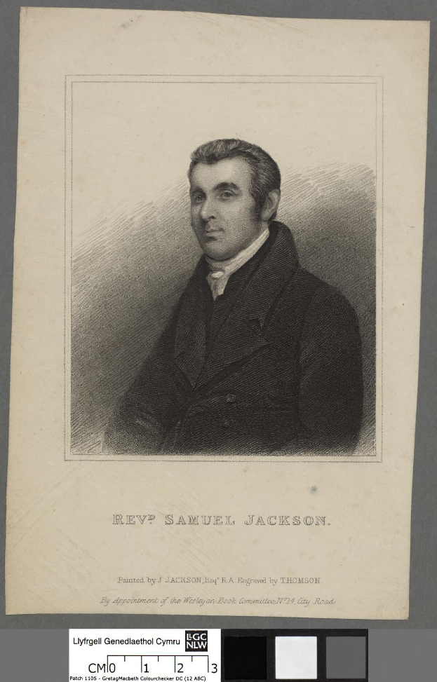 Schwarzes und weißes Porträt von Rev. Samuel Jackson mit Text am unteren Rand des Papiers.