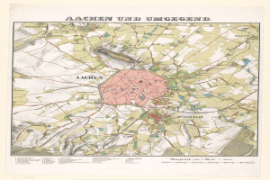 Ein detailliertes altes Stadtplan von Aachen, Deutschland, der Straßen, Gebäude und Sehenswürdigkeiten zeigt, mit Text oben und unten auf dem Papier.