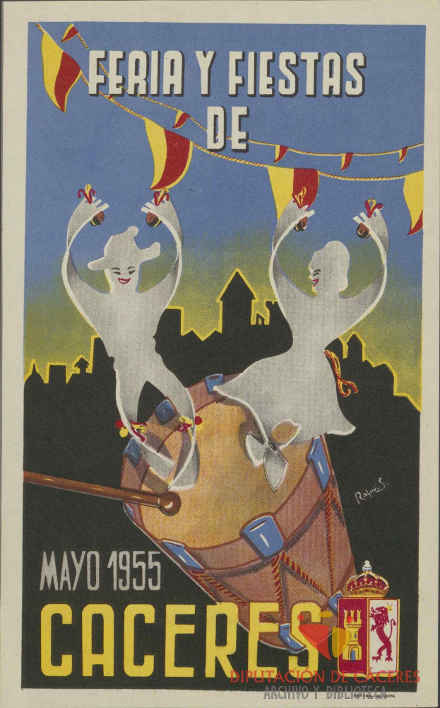 Farbenfrohes Plakat, das das Karnevalsfest Feria y Fiestas de Cáceres in Spanien ankündigt, mit traditionellen Kostümen, gelbem Hintergrund und schwarzer Schrift.