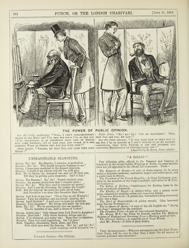 Illustration eines alten Buchumschlags mit einem Mann in einem Anzug, der in einem Stuhl sitzt und einen nachdenklichen Ausdruck hat, sowie einer Frau, die neben ihm steht und nachdenklich aussieht, mit der Überschrift "Die Macht der öffentlichen Meinung" auf der Seite.