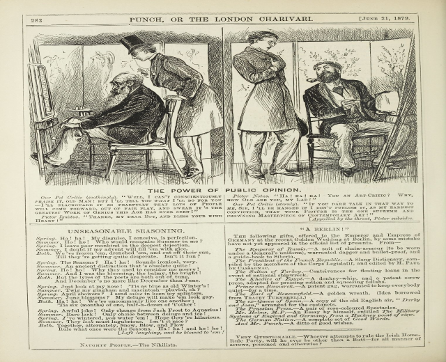 Illustration eines alten Buchumschlags mit einem Mann in einem Anzug, der in einem Stuhl sitzt und einen nachdenklichen Ausdruck hat, sowie einer Frau, die neben ihm steht und nachdenklich aussieht, mit der Überschrift "Die Macht der öffentlichen Meinung" auf der Seite.