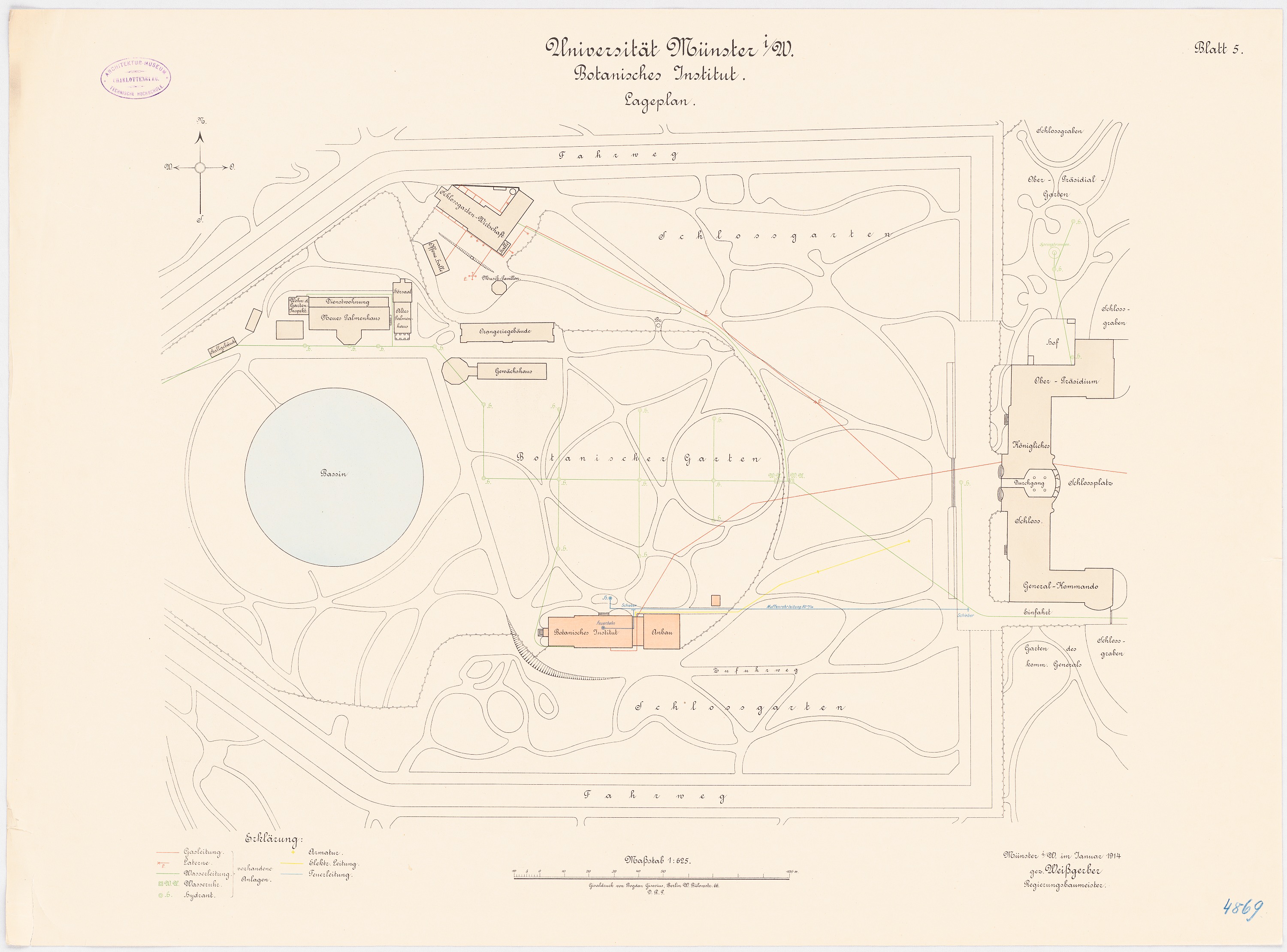 Eine detaillierte Karte von Berlin, Deutschland, mit der Universität Münster in der Mitte, die Gebäude, Straßen und andere Merkmale zeigt, sowie Textinformationen zur Größe, Lage und Ausstattung der Universität.