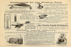 Alte Werbung für einen Hühnerhof mit Text und bunten Bildern von Hühnerprodukten, einschließlich Informationen zu Zutaten, Preisen und Anwendungsanweisungen.