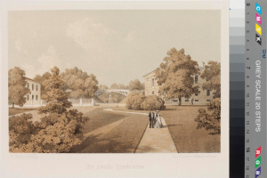 Eine Zeichnung eines Parks mit Menschen, die spazieren gehen, umgeben von Bäumen, Gebäuden und einer Brücke, unter einem bewölkten Himmel, mit dem Text "Die zweite Dombrücke in Düsseldorf" unten.