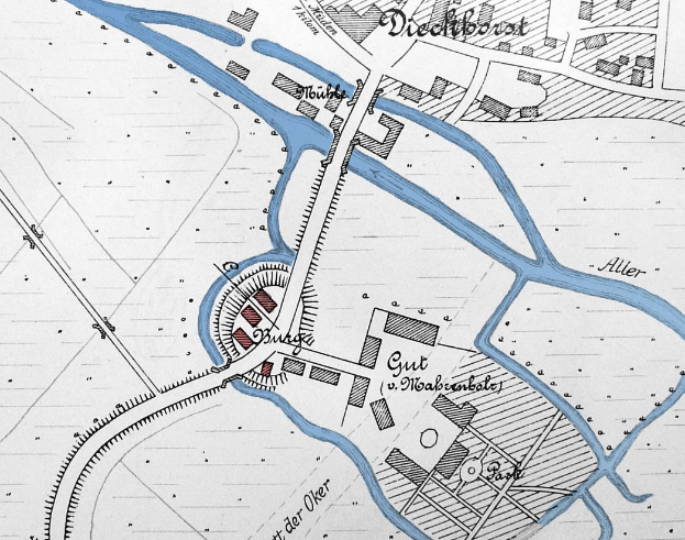 Detailiertes altes Stadtplan von Köln, Deutschland, mit einem Fluss, Straßen, Gebäuden und Sehenswürdigkeiten, begleitet von beschreibendem Text.